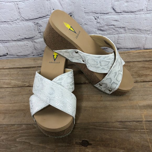 Volatile white snake skin wedge sandals